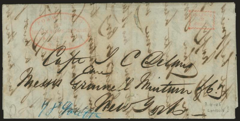 Forwarded by Brainards Express, 125 Fulton St., N. York.> Red oval handstamp and <Collect3Cents> box on Apr. 4, 1845 folded letter <from London, England, to New York City,> minor erosion from ink thru
lettersheet, Fine, this is the first 3c inte