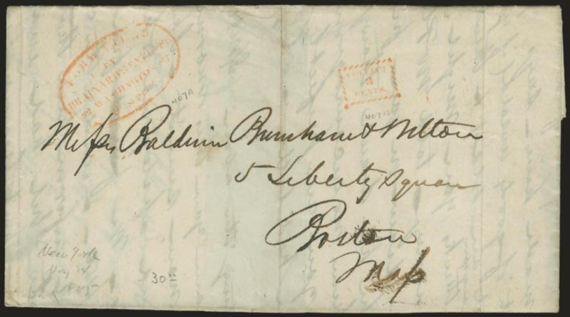 Forwarded by Brainards Express, 82 Washington St., Boston.> Red oval handstamp and <Collect3Cents> box on May 24, 1845 folded letter from New York City to Boston, Very Fine, this is the first 3c inter-city rate
in the U.S., Hahn recorded six dif