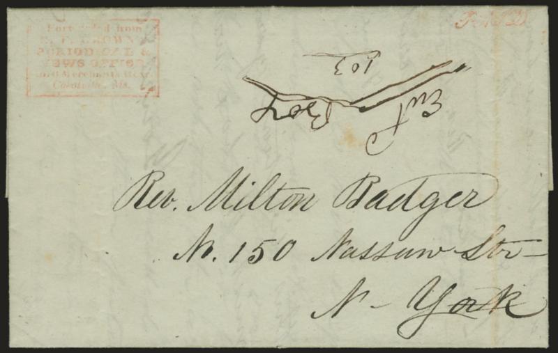 Forwarded from E. F. Browns Periodical & News Office, No. 6 Merchants Row, Cabotville Ms.> Red six-line handstamp in double-line frame with matching script Paid on Sep. 27, 1844 folded letter from Chicopee to
New York City street address, writer g