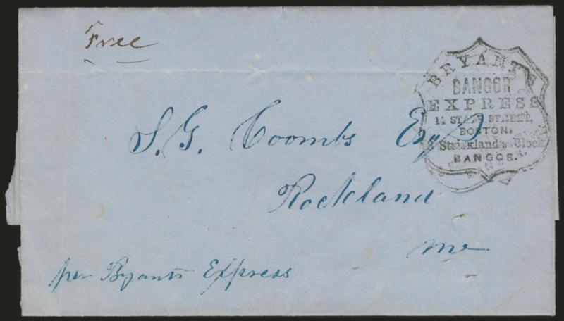 Bryants Bangor Express, 11 State Street, Boston, 3 Stricklands Block, Bangor.> Shield-shaped handstamp and ms. Free on folded letter datelined Rockland Me. Dec. 26, 1855, and addressed to Rockland, senders
routing <<per Bryants Express,>> file