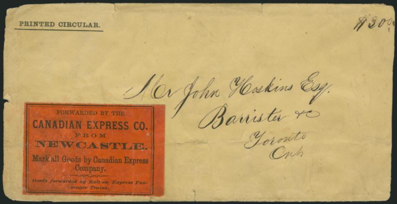 Canadian Express Co. from Newcastle.> Black on vermilion label on yellow cover to Toronto, Printed Circular imprint, ms. $30.00 notation, some faults, were not convinced label belongs, but ex Nickle, offered as
is