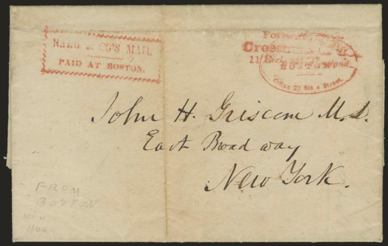Forwarded byCrossman & Co., 11 Exchange, Portland.> Three-line red handstamp used in conjunction with Hale & Co. Boston offices red oval and framed handstamps on folded letter datelined at Boston, Nov. 21,
1844, letter requests the return of a loan