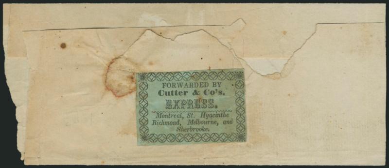 Forwarded by Cutter & Cos. Express. Montreal, St. Hyacinthe, Richmond, Melbourne, and Sherbrooke.> Black on green label on back of folded wrapper to Benjamin Pomeroy in Compton, Canada, minor faults, Fine and
rare, accompanied by album page with his