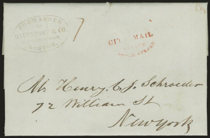 Forwarded by Davenport & Co. 29-12 State Street, Boston.> Dark red oval handstamp and ms. 7 rate (5c plus 2c local delivery charge) on Jun. 18, 1845 folded letter from Boston to New York City, conjunctive use
with red <City Mail Office, Broad Str
