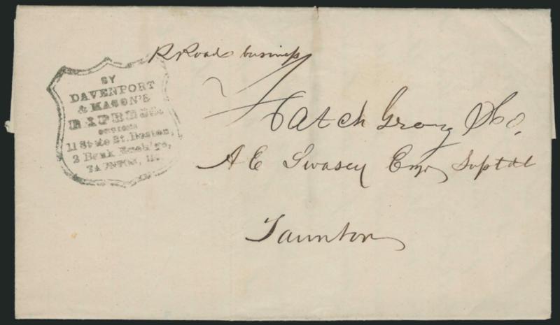 By Davenport & Masons Express.> Shield-framed handstamp with office addresses on Nov. 23, 1857 folded letter from New Bedford to Taunton Mass., endorsed <<Railroad business,>> Very Fine, scarce