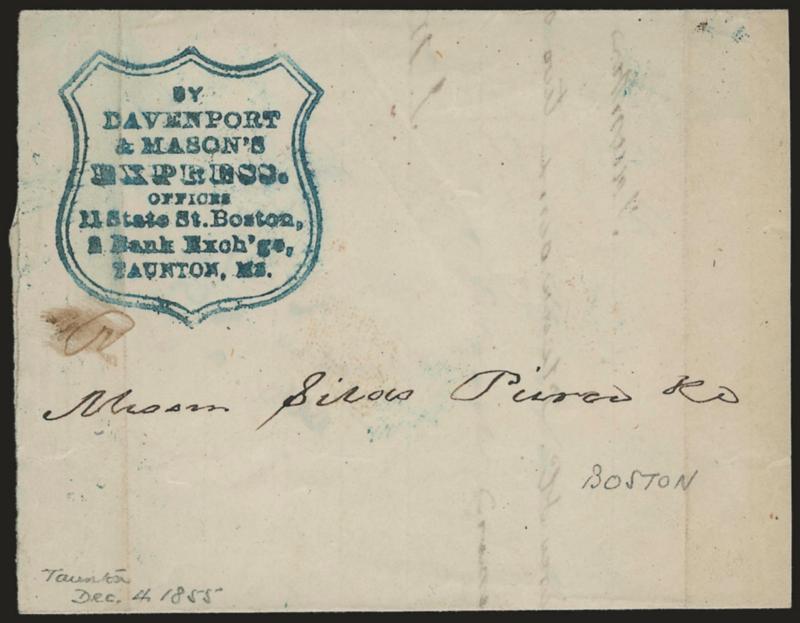 By Davenport & Masons Express.> Greenish-blue shield-framed handstamp with office addresses on Dec. 4, 1855 folded letter from Taunton to Silas Pierce & Co. (in Boston), file folds, Extremely Fine strike of
this scarce marking, ex Sloane