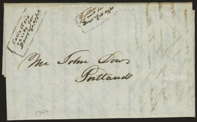 Collect six cents for Dows & Co. exprs.> Ms. framed rate marking along with similar Collect 24 cents for Dows & Cos exps on Feb. 11, 1845 folded letter from Boston to Portland Me., the senders and addressees
last names are both Dow, one wonders