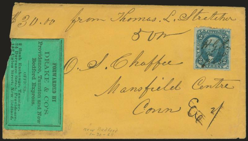 Forwarded by Drake & Cos Providence, Taunton and New Bedford Express.> Black on green label with office addresses on buff cover to Mansfield Centre Conn., ms. <<$30.00 from Thomas L. Stretcher,>> <2c Express,
Part Perforated (R9b),> ms. HGR 1m30