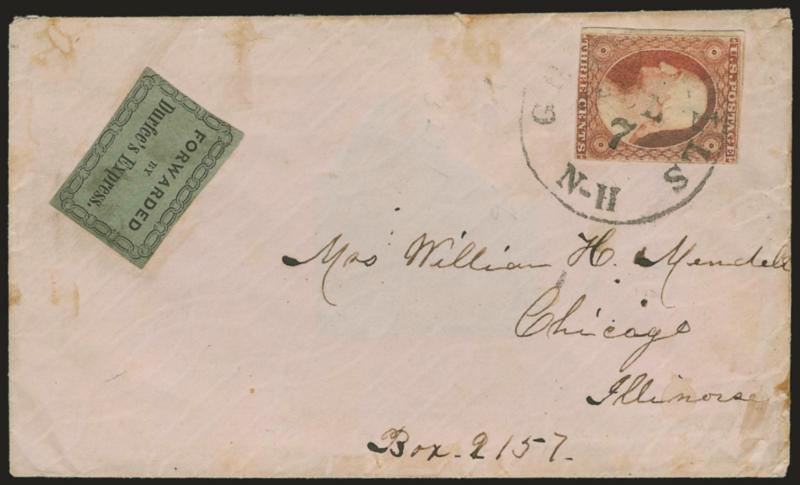 Forwarded by Durfees Express.> Black on dull green label on cover to Chicago Ill., <3c Dull Red (11),> ample margins to slightly in, tied by Great Falls N-H Jul. 7 circular datestamp, remnants of paste-up on
back and rectangular portion of flaps c