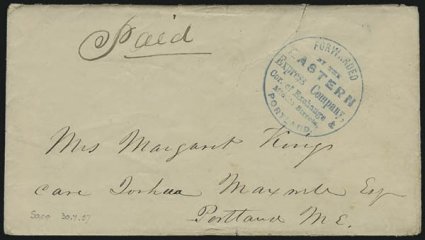 Forwarded by the Eastern Express Company, Cor. of Exchange & Middle Streets, Portland.> Blue circular handstamp clearly struck on cover to Portland Me., with enclosure datelined at Saco Me., Jul. 30, 1857,
opening tear at top, otherwise Very Fine, ac