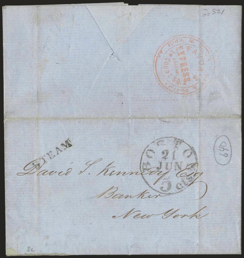 Favors Express, Boston, 1 Court Sq.St. John N.B., Eastport & Boston.> Red double-circle handstamp on back of blue folded letter datelined St. John N.B., Jun. 18, 1852, to New York City, carried by steamer from
New Brunswick, entered U.S. mails with