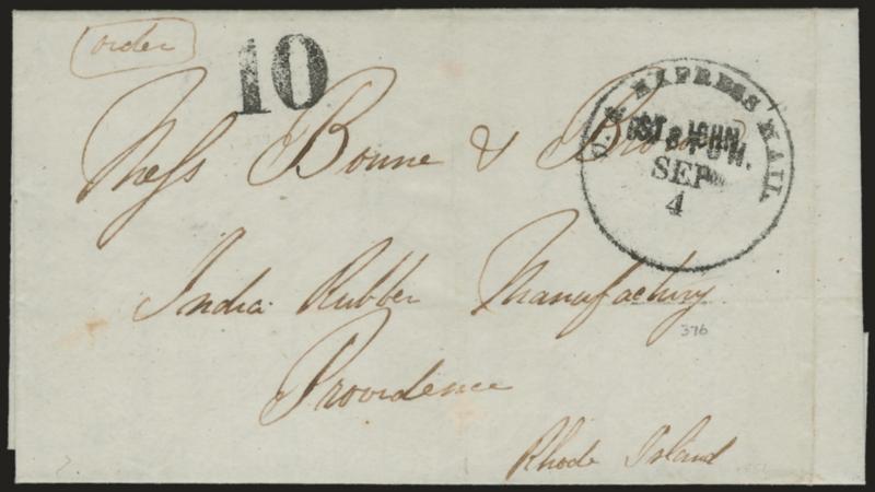 U.S. Express Mail St. John [over] Boston, Sep. 4.> Bold strike of circular datestamp with Boston above date, overstruck by St. John straightline, 10 due rate handstamp on folded letter to Providence R.I.
datelined St. John N.B., Sep. 3, 1856, f