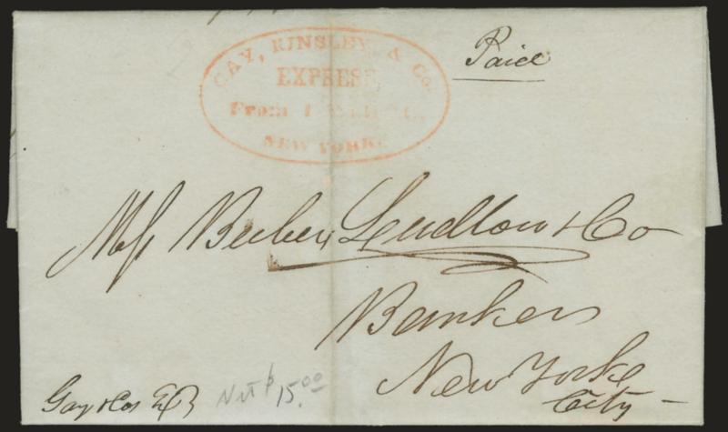 Gay, Kinsley & Co.> Two versions of the same red oval handstamp on folded letters from Boston to New York City, one with Gay, Kinsley & Co. Express, From 1 Wall St. New York (Dec. 2, 1848), other with blank
space where Gay removed (May 19, 1849),
