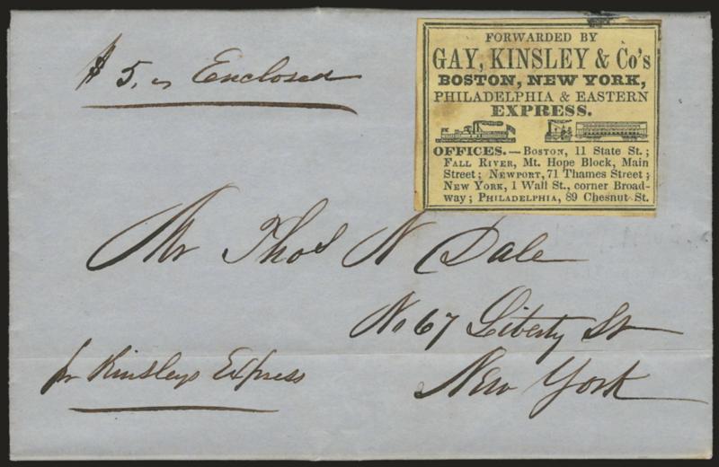 Forwarded by Gay, Kinsley & Cos Boston, New York, Philadelphia & Eastern Express.> Black on yellow label with office addresses and transportation vignettes, used on blue folded letter datelined Fall River Mass.
Nov. 3, 1849, to New York City street