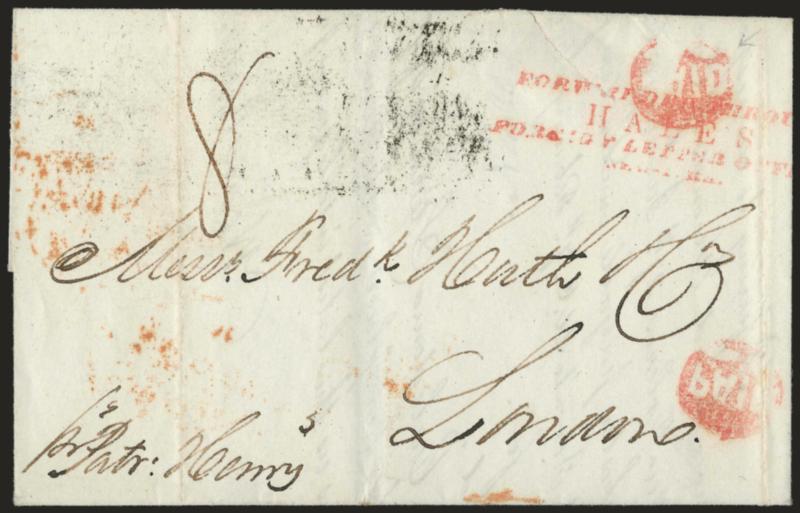 Forwarded ThroughHalesForeign Letter OfficeNew-York.> Four-line handstamp in red (Gutman Ty. NY-D) and two strikes of matching <Paid in negative mirrored letters in oval shield> (unlisted in Gutman) on Feb. 28,
1842 folded letter <to London,