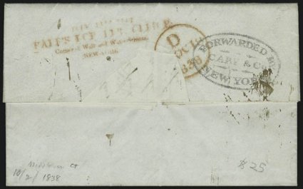 Forwarded by Hales For. Let. Office, Corner of Wall and Water Streets, New-York.> Red four-line handstamp on back of Oct. 2, 1838 folded letter from Middletown Conn. <to London, England,> senders routing via
<<Great Western,>> BristolShip-Lette
