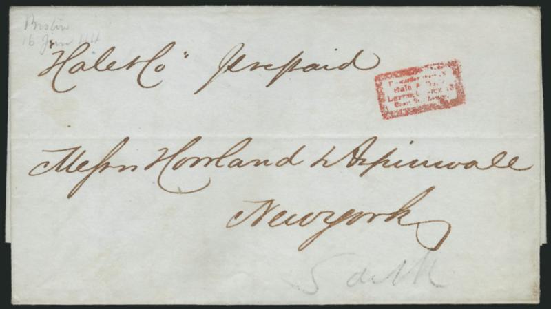 (BOSTON MASS.) Forwarded ThroughHale & Co.sLetter Office 13Court St. Boston.> Scarce early four-line framed handstamp in red clearly struck on Jan. 16, 1844 folded letter from Boston to New York City, senders
ms. <<Hale & Co. prepaid,>> Very F