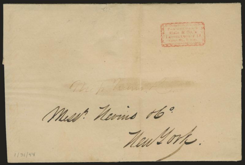 (BOSTON MASS.) Forwarded ThroughHale & Co.sLetter Office 13Court St. Boston.> Scarce early four-line framed handstamp in red clearly struck on folded cover to New York City, Jan. 31, 1844 receipt docketing,
sender eradicated a different name befo