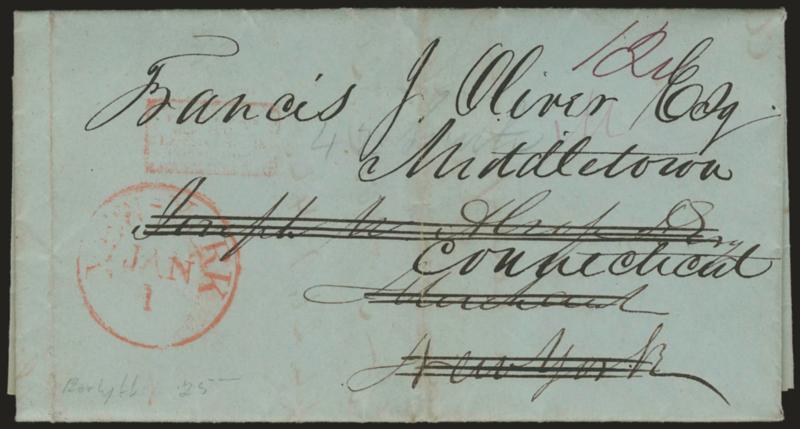 (BOSTON MASS.) Forwarded ThroughHale & Co.sLetter Office 13Court St. Boston.> Scarce early four-line framed handstamp in red lightly struck on Dec. 28, 1843 blue folded letter from Boston to New York City,
forwarded by government mail to Middleto