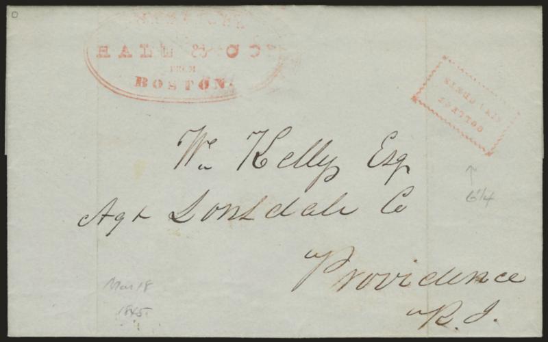 (BOSTON MASS.) Forwarded by Hale & Co. from Boston.> Large double-line oval handstamp and matching Collect box on Mar. 18, 1845 folded letter from Boston to Providence R.I., file folds, Fine, scarce
marking