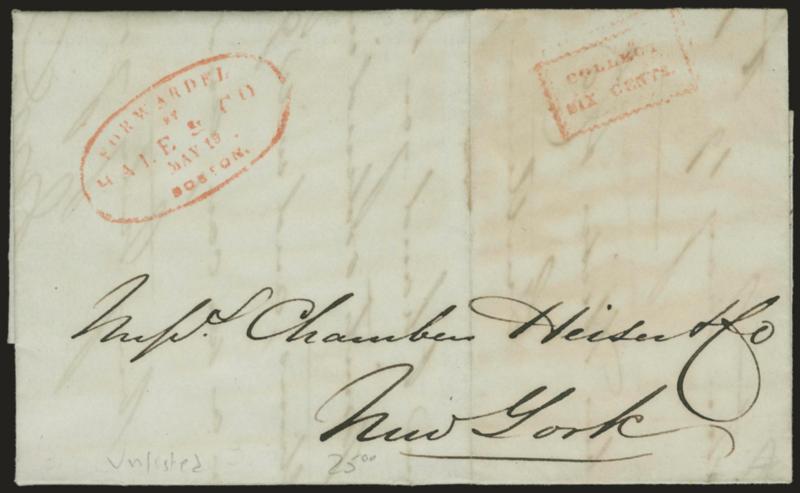 (BOSTON MASS.) Forwarded by Hale & Co. May 19, Boston.> Scarce red oval <with date> and matching Collect box on 1845 folded letter from Boston to New York City, file fold, light toning, Very Fine, May 19 is the
latest date reported in Gutman census (