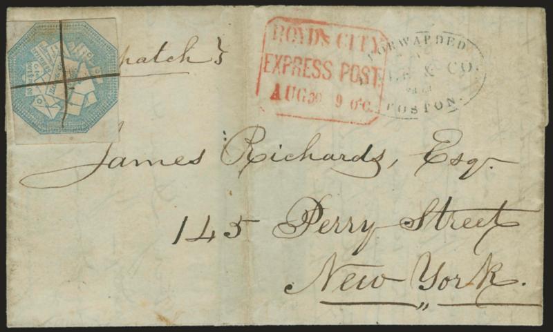 (BOSTON MASS.) Hale & Co., (5c) Blue, Street Address Omitted (75L5).> Large margins to slightly in, pastel shade, <ms. crossed-lines precancel,> used on large part of folded cover to New York City street
address, Forwarded by Hale & Co. from Boston