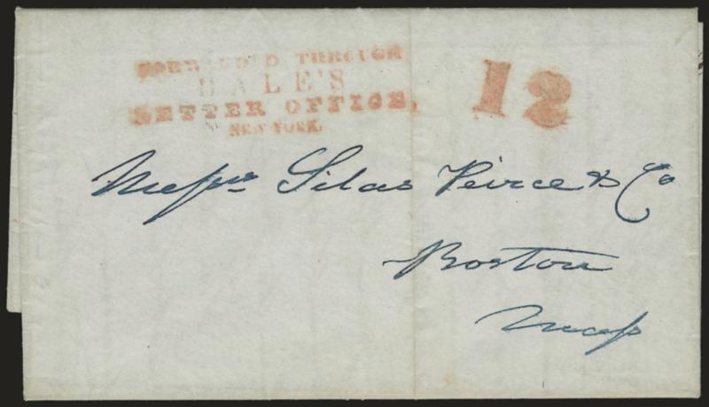 (NEW YORK N.Y.) Forwarded Through Hales Letter Office, New York.> Red four-line handstamp and matching 12 rate handstamp on Jan. 17, 1844 folded letter addressed in blue to Boston, Very Fine, scarce early Hale
marking
