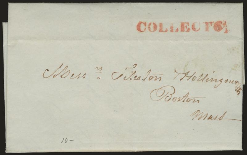 (NEW YORK N.Y.) Collect 6-14.> Bold red straightline handstamp on Apr. 9, 1844 folded letter from New York City to Boston, Very Fine, this type of straightline is not listed in Gutman book