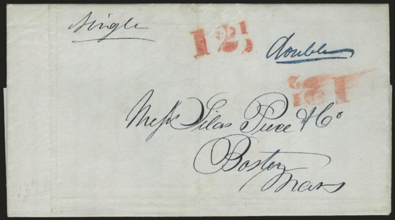 (NEW YORK N.Y.) 12-12.> Bold red rate handstamp struck twice on Mar. 5, 1844 folded letter from New York City to Boston marked Single by sender but corrected to Double by Hale office and rated 12-12c due, Very
Fine