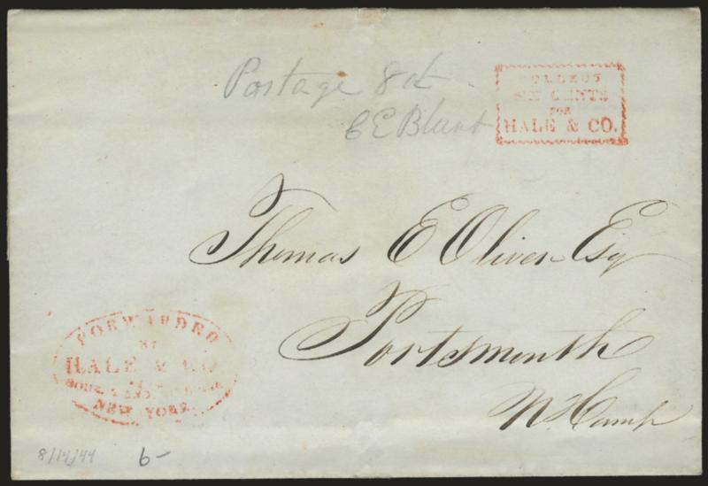 (NEW YORK N.Y.) Forwarded by Hale & Co. from Courier & Enq. Building, New-York.> Red oval handstamp and matching Collect box with <Portsmouth N.H. agents pencil rate> <<Postage 8ct C.E. Blunt>> on Aug. 14, 1844
folded letter from New York City to