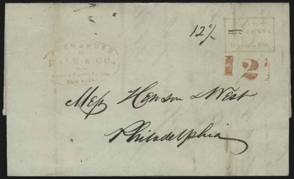 (NEW YORK N.Y.) Hale & Co. Multiple Rates.> Two folded letters with red New York office ovals and Collect box handstamps, one to Philadelphia changed to 12-12 in ms. and with red 12-12 rate handstamp, other
to Boston changed to 18-34 in penc