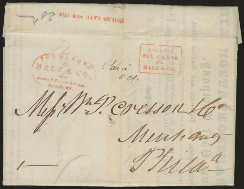 (NEW YORK N.Y.) ^MAILED LATE FOR THE^.> Red straightline handstamp with pencil 20th on back, matching red New York office oval and Collect box on June 18, 1845 folded illustrated <Swiftsure Transportation Line>
receipt and letter to Philadelphia,