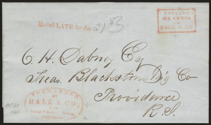 (NEW YORK N.Y.) Mailed Late For The Straightline.> Two different types on separate folded letters from New York to Providence R.I., one in all caps (May 1, 1845), other with only Late in caps (Oct. 31, 1844)),
both clearly struck with red Collect