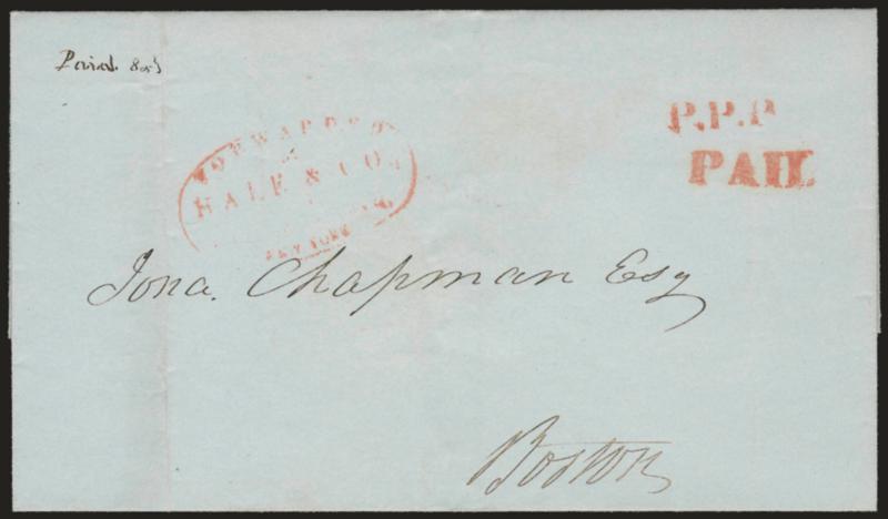 (NEW YORK N.Y.) P.P.P.> Red handstamp indicating Penny Post Paid, matching New York office oval handstamp and Paid straightline on folded cover to Boston, tiny ms. <<Paid 8ct>> for 6c rate and 2c local
delivery, Very Fine, only three examples o