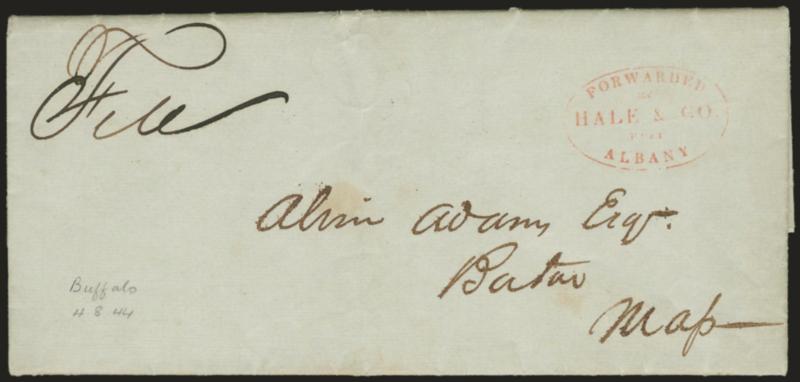 (ALBANY N.Y.) Forwarded by Hale & Co. from Albany.> Red oval handstamp and ms. Free on Aug. 4, 1844 folded letter from Buffalo N.Y. to Alvin Adams, the founder of Adams Express, in Boston, Very Fine