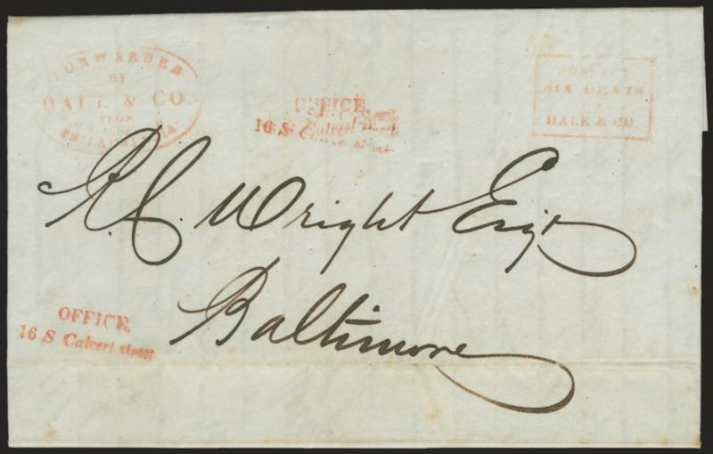 (BALTIMORE MD.) Forwarded by Hale & Co. from 37 S. Third St. Philadelphia.> Red oval handstamp and matching Collect box on June 11, 1845 folded letter re tea auction to Baltimore Md., two strikes of red
<OFFICE16 S. Calvert Street> two-line handst