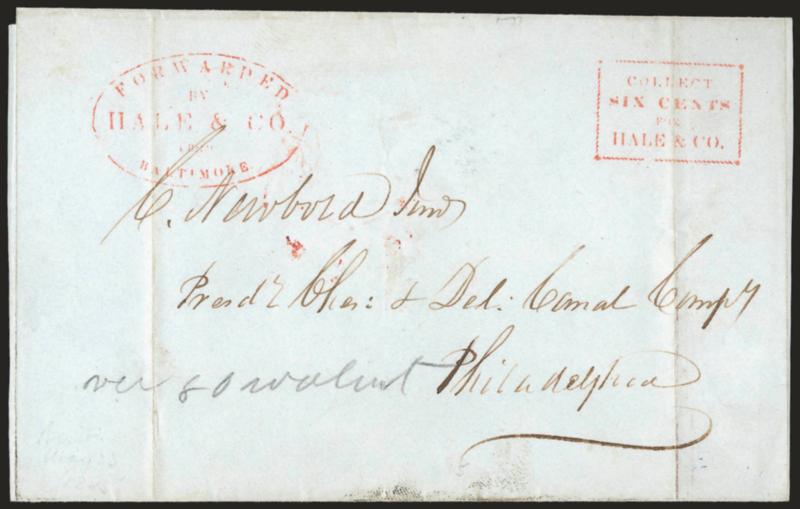 (BALTIMORE MD.) Forwarded by Hale & Co. from Baltimore.> Red oval and matching Collect Six Cents for Hale & Co. framed handstamp on folded cover (side flaps removed) to Philadelphia with pencil street address
added by Hale office, docketed May 23,