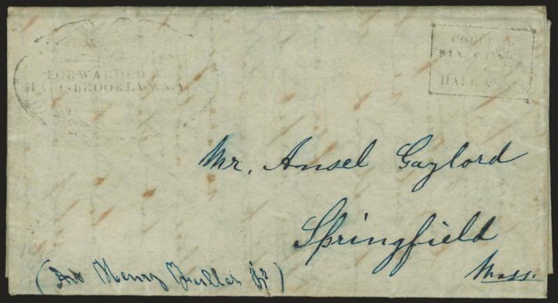 (BROOKLYN N.Y.) Forwarded by Hale Brooklyn N.Y.> Two lines in ornately-framed Eagle handstamp lightly struck with Collect box on folded letter datelined Brooklyn, Mar. 2, 1845, to Springfield Mass., all writing
in blue, Fine, only seven examples of t
