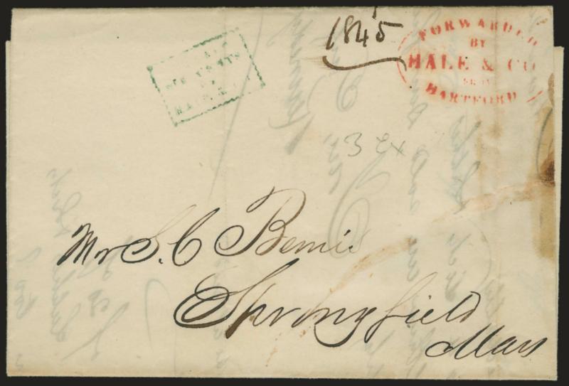(HARTFORD CONN.) Forwarded by Hale & Co. from Hartford.> Red oval handstamp on Jan. 16, 1845 folded letter to Springfield Mass., <green> Collect box struck on arrival (Hales Springfield used green), repaired
erosion along right edge, otherwise Fine,
