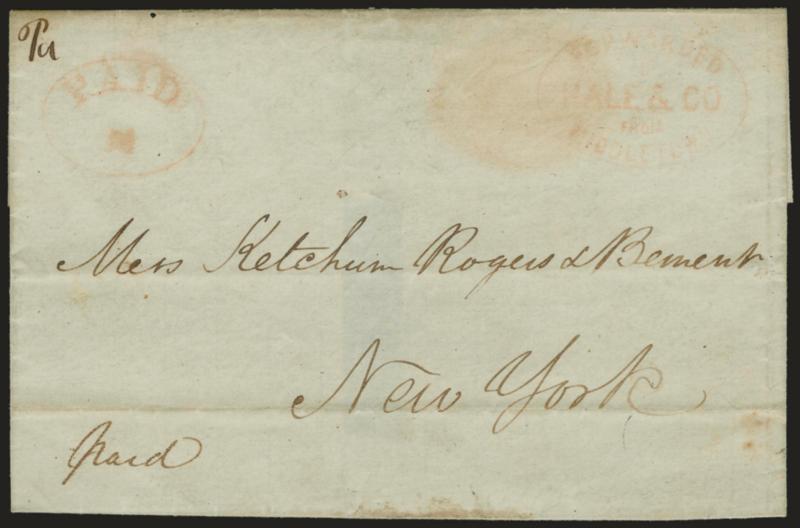 (MIDDLETOWN CONN.) Forwarded by Hale & Co. from Middletown.> Red oval handstamp and matching <Paid M oval> on mostly complete folded cover to New York City, oval stain, Fine, thirteen of the Middletown oval are
recorded in Gutman census, but only f