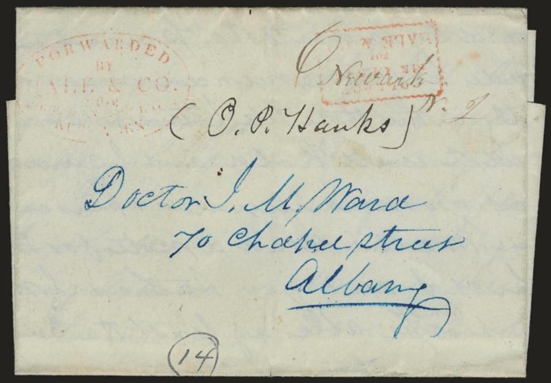(NEWARK N.J.) Newark N.J. 6.> Ms. rate and office designation over red Collect box, matching Forwarded by Hale & Co. from New-York oval handstamp on folded letter addressed in blue to Albany N.Y., datelined
Newark, Sep. 3, 1844, docketed just bel