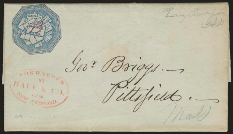 (NEW BEDFORD MASS.) Hale & Co., (5c) Blue, Street Address Omitted (75L5).> Cut to shape, magenta ms. AB New Bedford control mark (Amos Bates, agent), red Forwarded by Hale & Co. from New Bedford oval handstamp
on undated folded letter to Governor