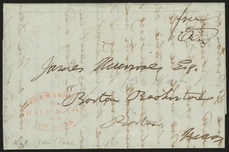 (NEW HAVEN CONN.) Forwarded by Hale & Co. from New Haven.> Red oval handstamp and ms. <<Free ED>> on Aug. 15, 1844 folded letter to Boston, Very Fine, addressed to a bookseller, which might explain the free
service (for good will)