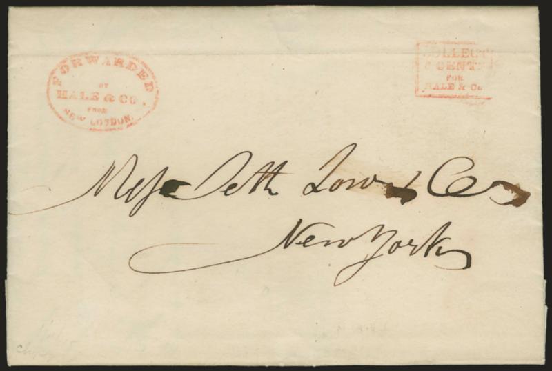(NEW LONDON CONN.) Forwarded by Hale & Co. from New London.> Unusually clear red oval handstamp and matching Collect box on Jan. 11, 1845 folded letter from New London Conn. to New York City, Very Fine, only
six reported in Gutman census