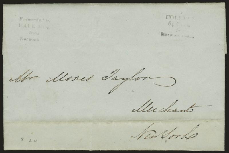 (NORWICH CONN.) Forwarded by Hale & Co. from Norwich Ct.> Four-line handstamp with Collect 6-14 Cents for Norwich Office also in four lines on Dec. 11, 1844 folded letter to New York City, there is a faint red
circular handstamp on back which appe