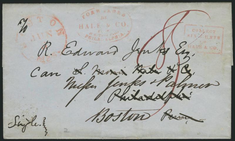 (PHILADELPHIA PA.) Forwarded by Hale & Co. from 37 S. Third Street, Philadelphia.> Red oval handstamp and Collect box applied to folded cover on its return trip from Boston to Philadelphia, then back to Boston,
with red Boston Mas. Jun. 3 (1844) ci