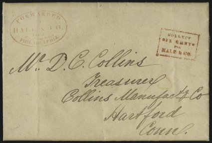 (PHILADELPHIA PA.) Hale & Co. Philadelphia Office.> Four folded letters, three with Hale Philadelphia office oval handstamp incl. one to Hartford Conn. (with PFC), one to Pottsville with 12-12 rate over
Collect box, last to New York City with Pai