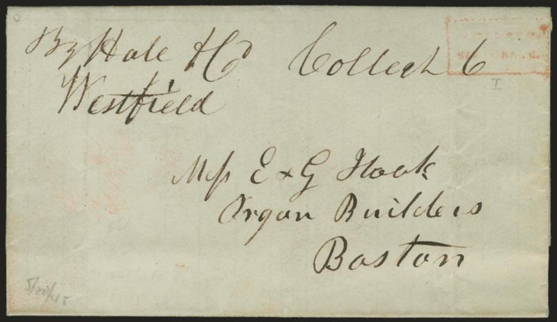(WESTFIELD MASS.) By Hale & Co. Westfield.> Ms. office marking and Collect 6 rate on folded cover to Boston, docketed May 29, 1845, red Collect box applied on arrival, Very Fine, rare, Gutman lists Westfield
(p. 221) with one cover addressed to t