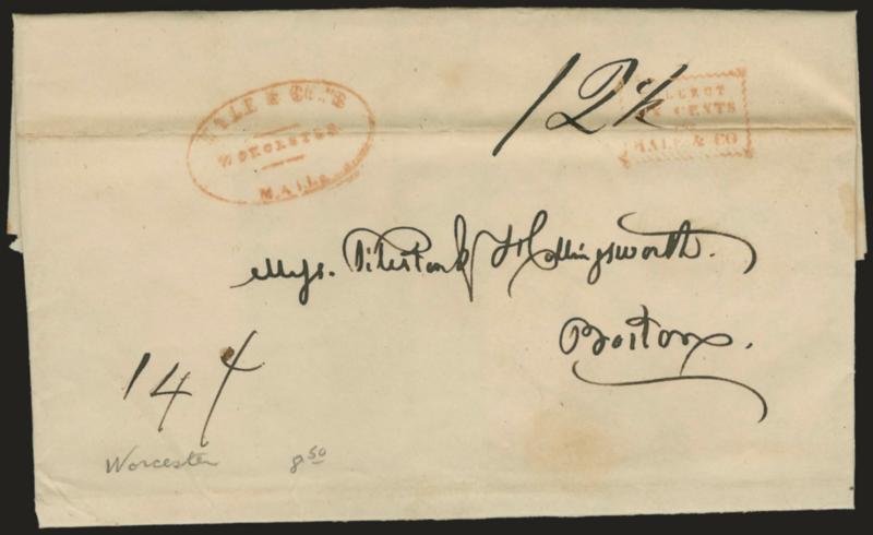 (WORCESTER MASS.) Hale & Co.s Mail, Worcester.> Red oval handstamp and Collect box with ms. 12-12 rate change on Dec. 25, 1844 folded letter to Boston, ms. 14c at lower left presumably incl. local delivery
charge, file fold thru markings, Very