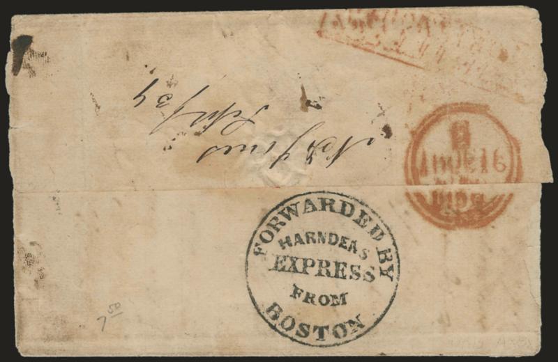 Forwarded by Harndens Express from Boston.> Bold strike of circular handstamp on back of Sep. 1839 folded cover <to Bolton, England,> senders routing <<pr Steamer British Queen,>> ms. rates, red receiving
datestamp (Oct. 16, 1839) and blurry red
